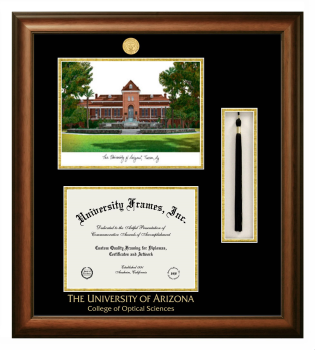 University of Arizona College of Optical Sciences Double Opening with Campus Image & Tassel Box (Stacked) Frame in Satin Walnut with Black & Gold Mats for document: 8 1/2"h x 11"w  