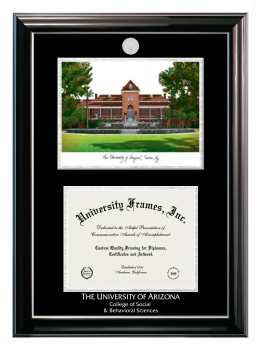 University of Arizona College of Social and Behavioral Sciences Double Opening with Campus Image (Stacked) Frame in Classic Ebony with Silver Trim with Black & Silver Mats for document: 8 1/2"h x 11"w  