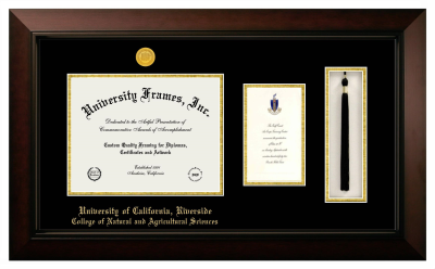 University of California Riverside College of Natural and Agricultural Sciences Diploma with Announcement & Tassel Box Frame in Legacy Black Cherry with Black & Gold Mats for document: 8 1/2"h x 11"w  , diploma: 7"h x 4"w  
