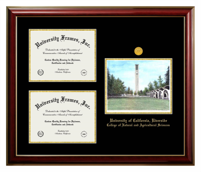 University of California Riverside College of Natural and Agricultural Sciences Triple Opening with Campus Image Frame in Classic Mahogany with Gold Trim with Black & Gold Mats for document: 8 1/2"h x 11"w  , document: 8 1/2"h x 11"w  