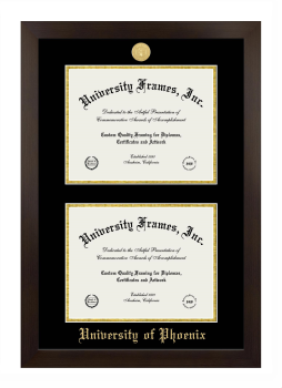University of Phoenix Double Degree (Stacked) Frame in Manhattan Espresso with Black & Gold Mats for DOCUMENT: 8 1/2"H X 11"W  , DOCUMENT: 8 1/2"H X 11"W  