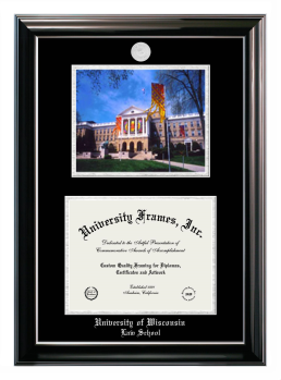 University of Wisconsin (Madison) Law School Double Opening with Campus Image (Stacked) Frame in Classic Ebony with Silver Trim with Black & Silver Mats for document: 8 1/2"h x 11"w  