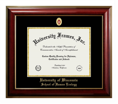 University of Wisconsin (Madison) School of Human Ecology Diploma Frame in Classic Mahogany with Gold Trim with Black & Gold Mats for DOCUMENT: 8 1/2"H X 11"W  