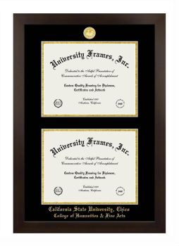 California State University, Chico College of Humanities & Fine Arts Double Degree (Stacked) Frame in Manhattan Espresso with Black & Gold Mats for document: 8 1/2"h x 11"w  , document: 8 1/2"h x 11"w  