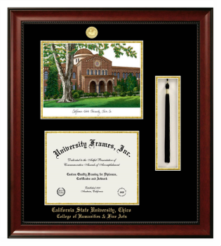 California State University, Chico College of Humanities & Fine Arts Double Opening with Campus Image & Tassel Box (Stacked) Frame in Avalon Mahogany with Black & Gold Mats for document: 8 1/2"h x 11"w  
