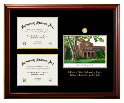 California State University, Chico College of Humanities & Fine Arts Triple Opening with Campus Image Frame in Classic Mahogany with Gold Trim with Black & Gold Mats for document: 8 1/2"h x 11"w  , document: 8 1/2"h x 11"w  