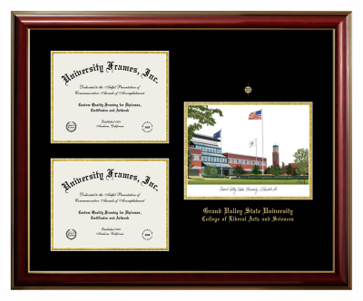 Grand Valley State University College of Liberal Arts and Sciences Triple Opening with Campus Image Frame in Classic Mahogany with Gold Trim with Black & Gold Mats for document: 8 1/2"h x 11"w  , document: 8 1/2"h x 11"w  
