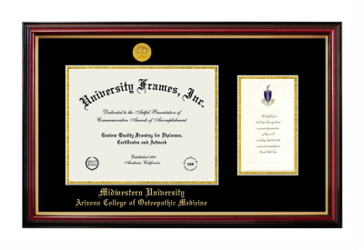 Midwestern University Arizona College of Osteopathic Medicine (Glendale, AZ) Diploma with Announcement Frame in Petite Mahogany with Gold Trim with Black & Gold Mats for document: 8 1/2"h x 11"w  , diploma: 7"h x 4"w  