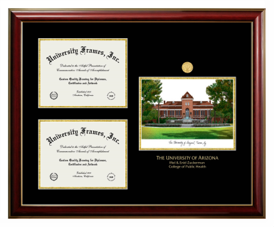 University of Arizona Mel & Enid Zuckerman College of Public Health Triple Opening with Campus Image Frame in Classic Mahogany with Gold Trim with Black & Gold Mats for document: 8 1/2"h x 11"w  , document: 8 1/2"h x 11"w  