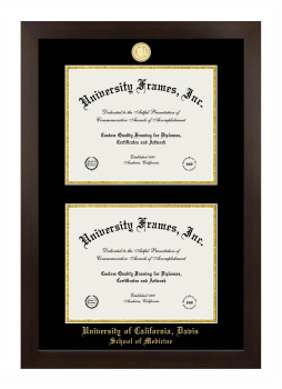 University of California Davis School of Medicine Double Degree (Stacked) Frame in Manhattan Espresso with Black & Gold Mats for document: 8 1/2"h x 11"w  , document: 8 1/2"h x 11"w  