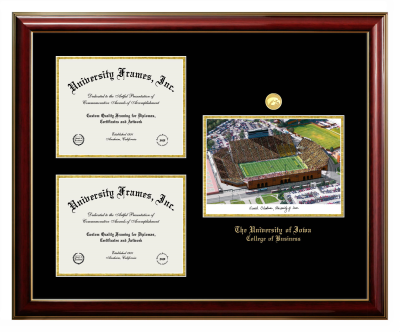 University of Iowa College of Business Triple Opening with Campus Image Frame in Classic Mahogany with Gold Trim with Black & Gold Mats for document: 8 1/2"h x 11"w  , document: 8 1/2"h x 11"w  