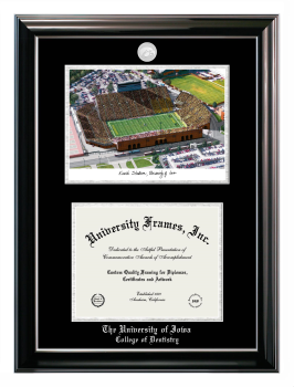 University of Iowa College of Dentistry Double Opening with Campus Image (Stacked) Frame in Classic Ebony with Silver Trim with Black & Silver Mats for document: 8 1/2"h x 11"w  