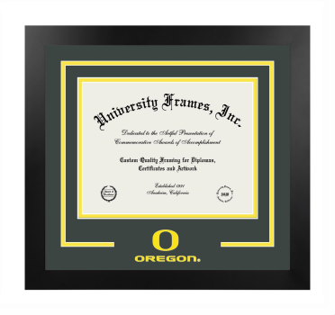 University of Oregon School of Music and Dance Logo Mat Frame in Manhattan Black with Forest Green & Yellow Mats for document: 8 1/2"h x 11"w  