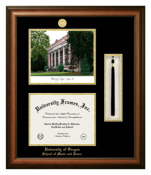 University of Oregon School of Music and Dance Double Opening with Campus Image & Tassel Box (Stacked) Frame in Satin Walnut with Black & Gold Mats for document: 8 1/2"h x 11"w  