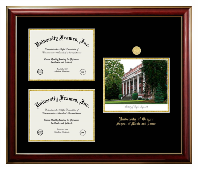 University of Oregon School of Music and Dance Triple Opening with Campus Image Frame in Classic Mahogany with Gold Trim with Black & Gold Mats for document: 8 1/2"h x 11"w  , document: 8 1/2"h x 11"w  
