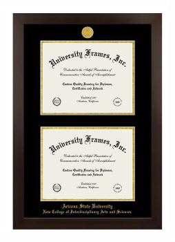 Arizona State University New College of Interdisciplinary Arts and Sciences Double Degree (Stacked) Frame in Manhattan Espresso with Black & Gold Mats for DOCUMENT: 8 1/2"H X 11"W  , DOCUMENT: 8 1/2"H X 11"W  