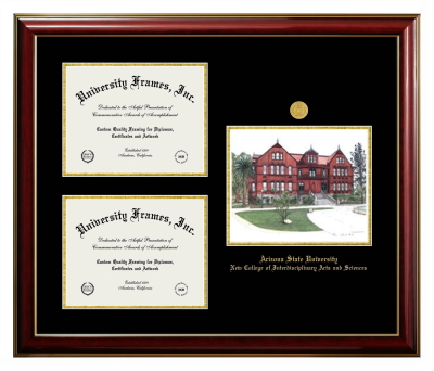 Arizona State University New College of Interdisciplinary Arts and Sciences Triple Opening with Campus Image Frame in Classic Mahogany with Gold Trim with Black & Gold Mats for document: 8 1/2"h x 11"w  , document: 8 1/2"h x 11"w  