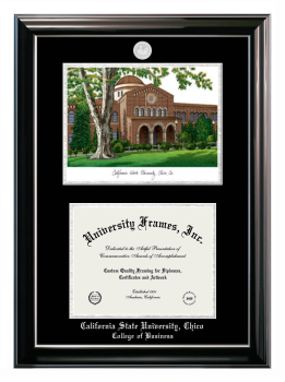 California State University, Chico College of Business Double Opening with Campus Image (Stacked) Frame in Classic Ebony with Silver Trim with Black & Silver Mats for document: 8 1/2"h x 11"w  