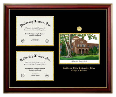 California State University, Chico College of Business Triple Opening with Campus Image Frame in Classic Mahogany with Gold Trim with Black & Gold Mats for document: 8 1/2"h x 11"w  , document: 8 1/2"h x 11"w  