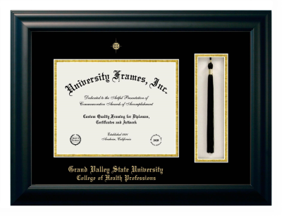 Grand Valley State University College of Health Professions Diploma with Tassel Box Frame in Satin Black with Black & Gold Mats for document: 8 1/2"h x 11"w  