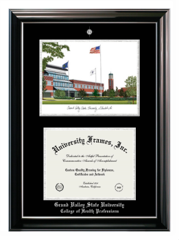 Grand Valley State University College of Health Professions Double Opening with Campus Image (Stacked) Frame in Classic Ebony with Silver Trim with Black & Silver Mats for document: 8 1/2"h x 11"w  
