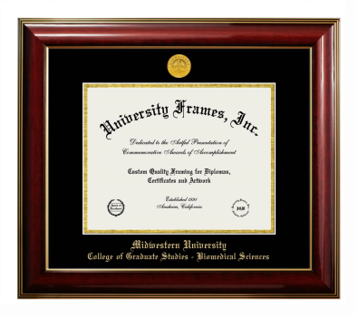 Midwestern University College of Graduate Studies - Biomedical Sciences (Glendale, AZ) Diploma Frame in Classic Mahogany with Gold Trim with Black & Gold Mats for document: 8 1/2"h x 11"w  
