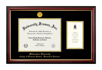 Midwestern University College of Graduate Studies - Biomedical Sciences (Glendale, AZ) Diploma with Announcement Frame in Petite Mahogany with Gold Trim with Black & Gold Mats for document: 8 1/2"h x 11"w  , diploma: 7"h x 4"w  