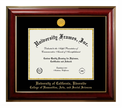 University of California Riverside College of Humanities, Arts, and Social Sciences Diploma Frame in Classic Mahogany with Gold Trim with Black & Gold Mats for DOCUMENT: 8 1/2"H X 11"W  