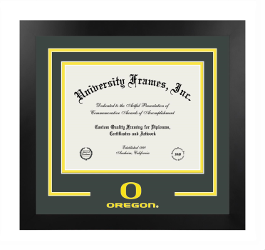 Logo Mat Frame in Manhattan Black with Forest Green & Yellow Mats for DOCUMENT: 8 1/2"H X 11"W  