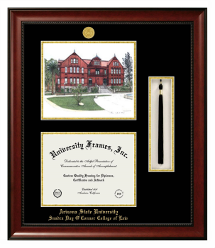 Arizona State University Sandra Day O'Connor College of Law Double Opening with Campus Image & Tassel Box (Stacked) Frame in Avalon Mahogany with Black & Gold Mats for document: 8 1/2"h x 11"w  
