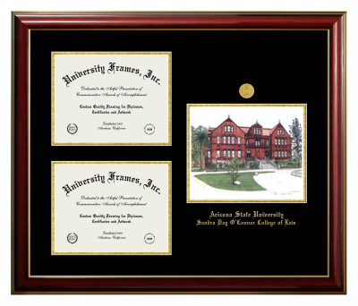 Arizona State University Sandra Day O'Connor College of Law Triple Opening with Campus Image Frame in Classic Mahogany with Gold Trim with Black & Gold Mats for document: 8 1/2"h x 11"w  , document: 8 1/2"h x 11"w  