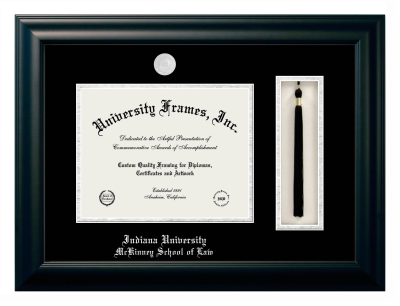 Indiana University McKinney School of Law Diploma with Tassel Box Frame in Satin Black with Black & Silver Mats for document: 8 1/2"h x 11"w  