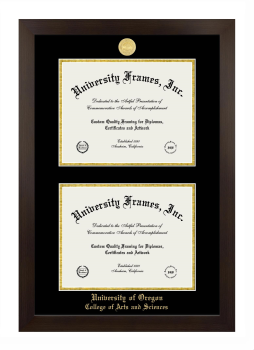 University of Oregon College of Arts and Sciences Double Degree (Stacked) Frame in Manhattan Espresso with Black & Gold Mats for document: 8 1/2"h x 11"w  , document: 8 1/2"h x 11"w  