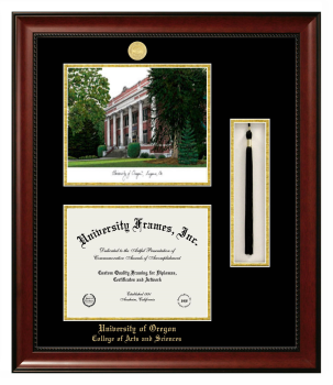 University of Oregon College of Arts and Sciences Double Opening with Campus Image & Tassel Box (Stacked) Frame in Avalon Mahogany with Black & Gold Mats for document: 8 1/2"h x 11"w  