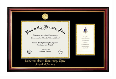 California State University, Chico School of Nursing Diploma with Announcement Frame in Petite Mahogany with Gold Trim with Black & Gold Mats for document: 8 1/2"h x 11"w  , diploma: 7"h x 4"w  