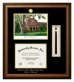 California State University, Chico School of Nursing Double Opening with Campus Image & Tassel Box (Stacked) Frame in Satin Walnut with Black & Gold Mats for document: 8 1/2"h x 11"w  