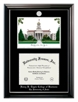Henry B. Tippie College of Business University of Iowa Double Opening with Campus Image (Stacked) Frame in Classic Ebony with Silver Trim with Black & Silver Mats for document: 8 1/2"h x 11"w  