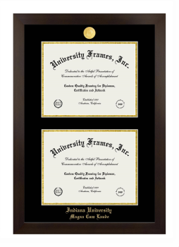 Indiana University Magna Cum Laude Double Degree (Stacked) Frame in Manhattan Espresso with Black & Gold Mats for document: 8 1/2"h x 11"w  , document: 8 1/2"h x 11"w  