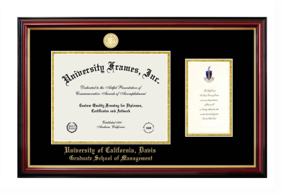 University of California Davis Graduate School of Management Diploma with Announcement Frame in Petite Mahogany with Gold Trim with Black & Gold Mats for document: 8 1/2"h x 11"w  , diploma: 7"h x 4"w  