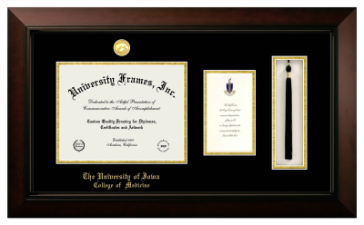 University of Iowa College of  Medicine Diploma with Announcement & Tassel Box Frame in Legacy Black Cherry with Black & Gold Mats for document: 8 1/2"h x 11"w  , diploma: 7"h x 4"w  