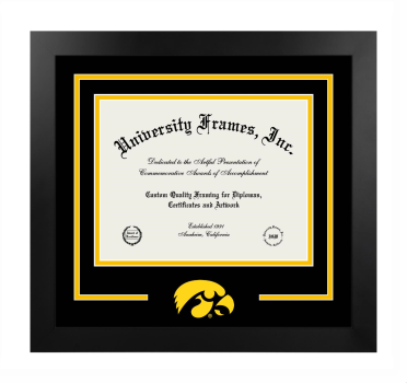 University of Iowa Graduate College Logo Mat Frame in Manhattan Black with Black & Amber Mats for document: 8 1/2"h x 11"w  