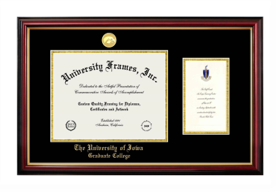 University of Iowa Graduate College Diploma with Announcement Frame in Petite Mahogany with Gold Trim with Black & Gold Mats for document: 8 1/2"h x 11"w  , diploma: 7"h x 4"w  