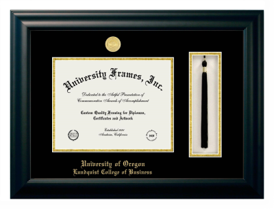 University of Oregon Lundquist College of Business Diploma with Tassel Box Frame in Satin Black with Black & Gold Mats for DOCUMENT: 8 1/2"H X 11"W  