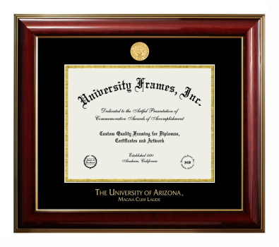 University of Arizona Magna Cum Laude University of Arizona Magna Cum Laude Diploma Frame in Classic Mahogany with Gold Trim with Black & Gold Mats for DOCUMENT: 8 1/2"H X 11"W  