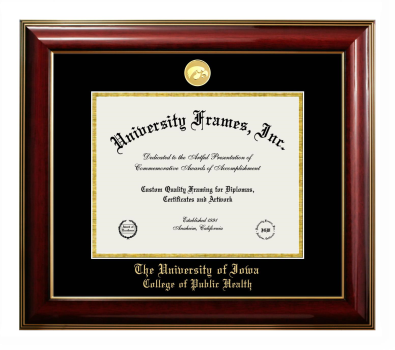 University of Iowa College of Public Health Diploma Frame in Classic Mahogany with Gold Trim with Black & Gold Mats for document: 8 1/2"h x 11"w  