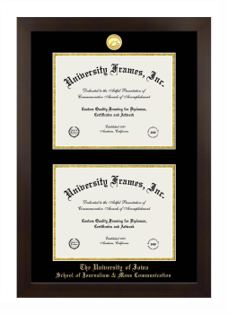 University of Iowa School of Journalism & Mass Communication Double Degree (Stacked) Frame in Manhattan Espresso with Black & Gold Mats for document: 8 1/2"h x 11"w  , document: 8 1/2"h x 11"w  