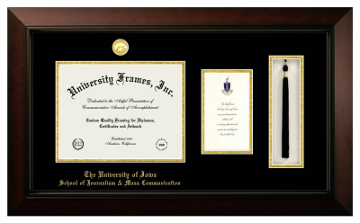 University of Iowa School of Journalism & Mass Communication Diploma with Announcement & Tassel Box Frame in Legacy Black Cherry with Black & Gold Mats for document: 8 1/2"h x 11"w  , diploma: 7"h x 4"w  