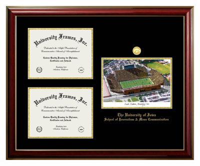University of Iowa School of Journalism & Mass Communication Triple Opening with Campus Image Frame in Classic Mahogany with Gold Trim with Black & Gold Mats for document: 8 1/2"h x 11"w  , document: 8 1/2"h x 11"w  