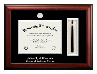 University of Wisconsin (Madison) Division of Continuing Studies Diploma with Tassel Box Frame in Satin Mahogany with Black & Silver Mats for document: 8 1/2"h x 11"w  