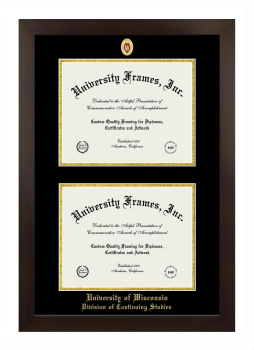 University of Wisconsin (Madison) Division of Continuing Studies Double Degree (Stacked) Frame in Manhattan Espresso with Black & Gold Mats for document: 8 1/2"h x 11"w  , document: 8 1/2"h x 11"w  